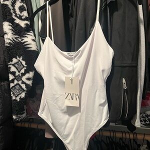 ZARA White Spaghetti Strap Bodysuit with Scoop Neck